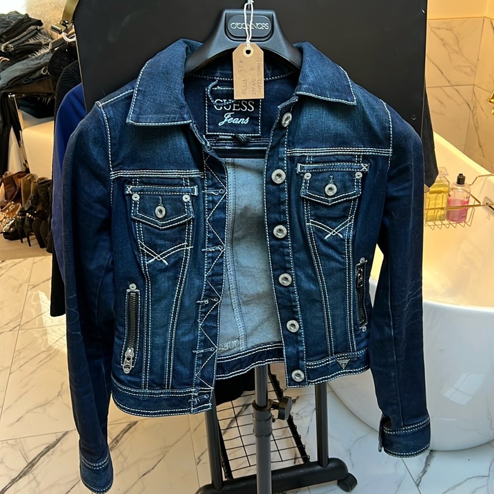 GUESS Dark Blue Denim Jacket with Contrast Stitching